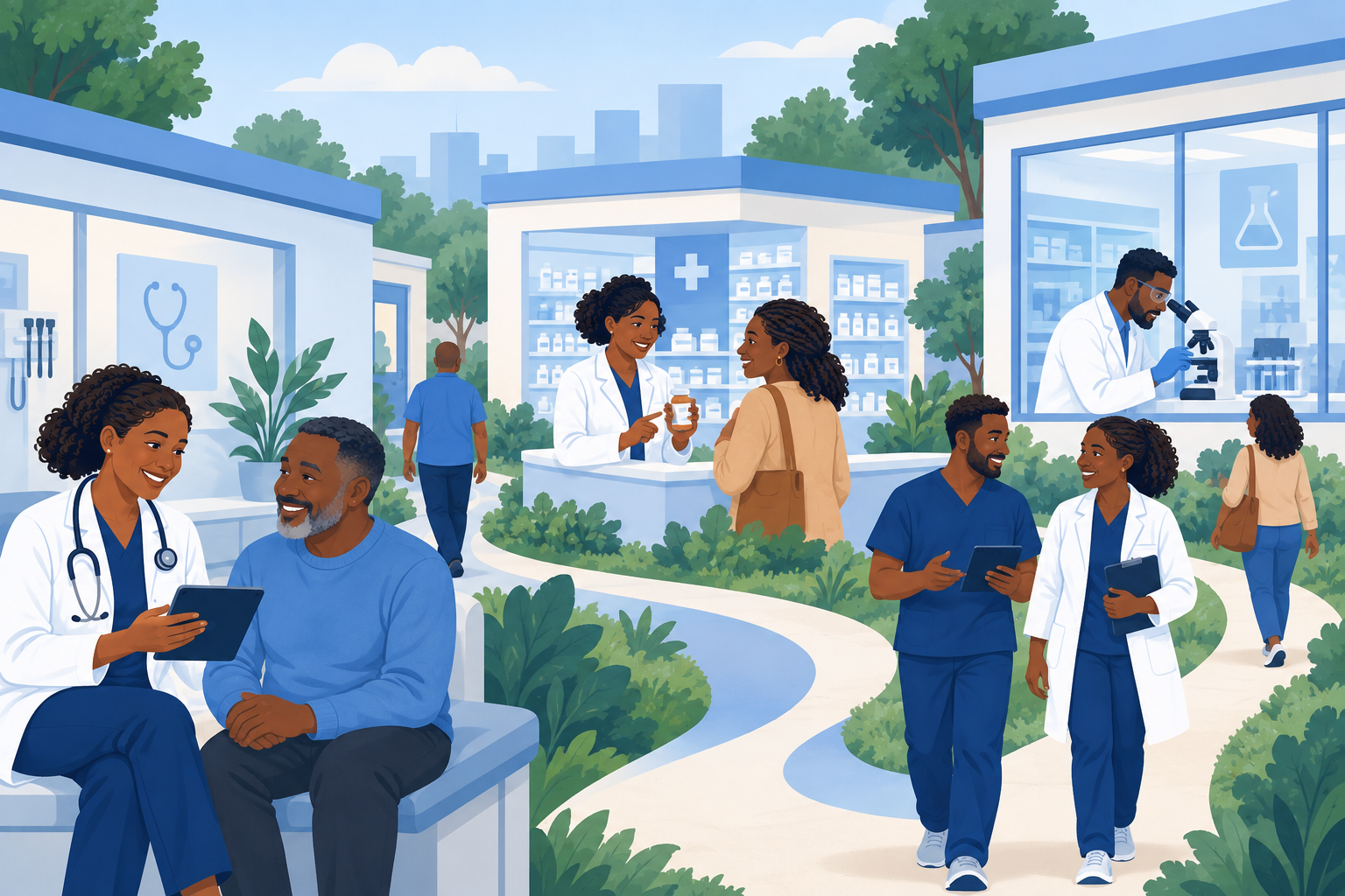 Clinicians, pharmacy staff and laboratory professionals working together across a connected healthcare community.