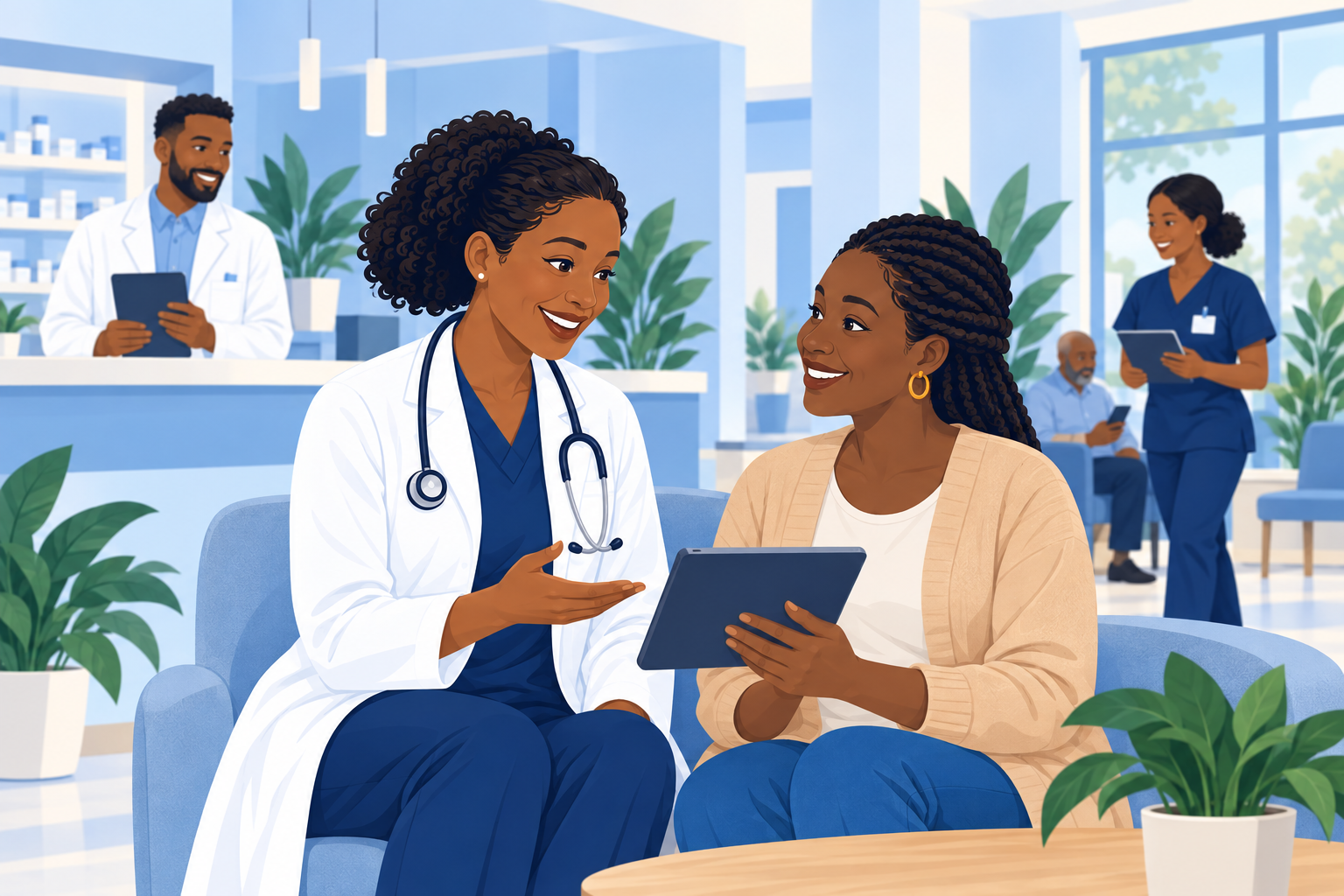 A healthcare professional and patient sharing a tablet, with a pharmacist and nurse nearby.